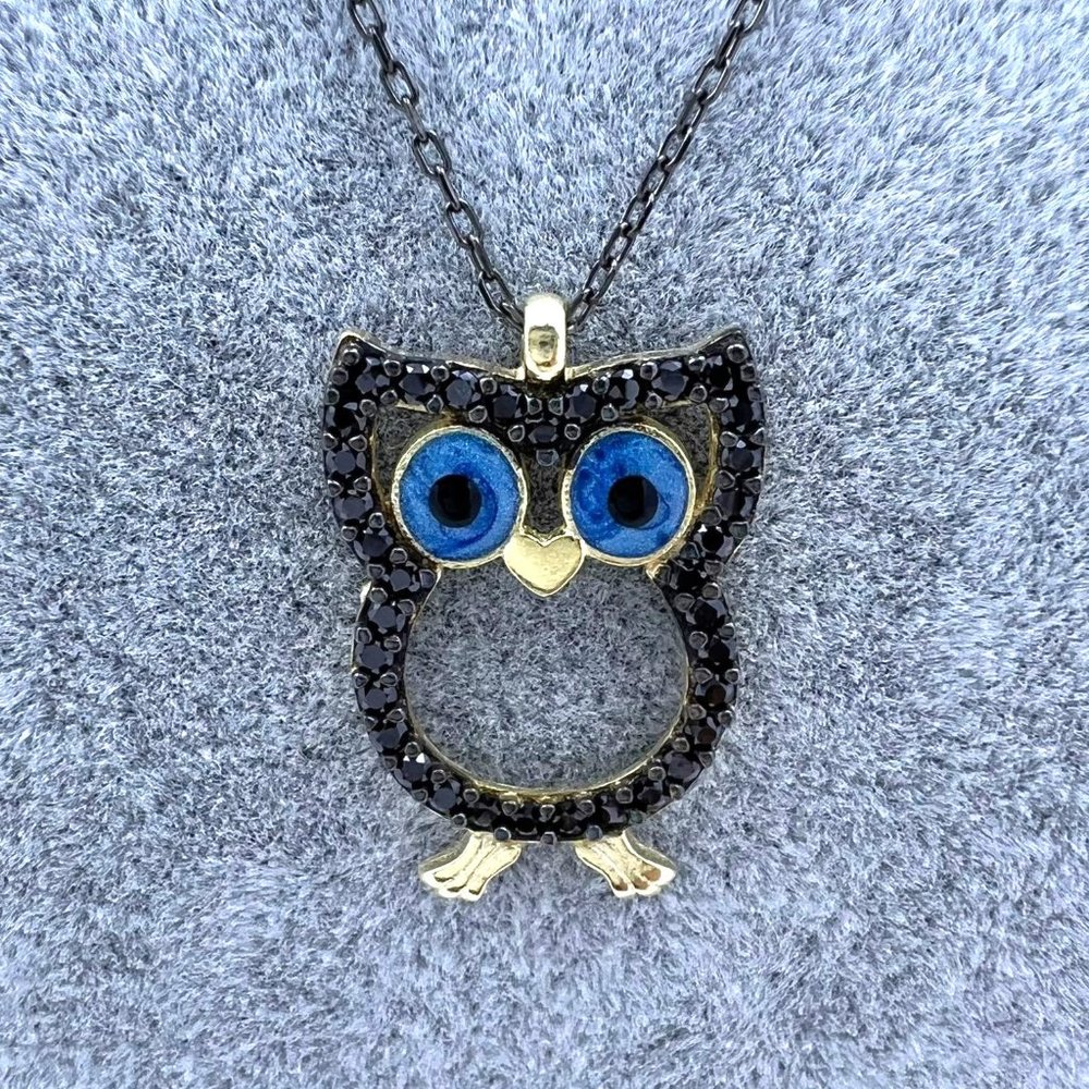 925 Silver Owl Neclace Zircone Stone Gold Plate
